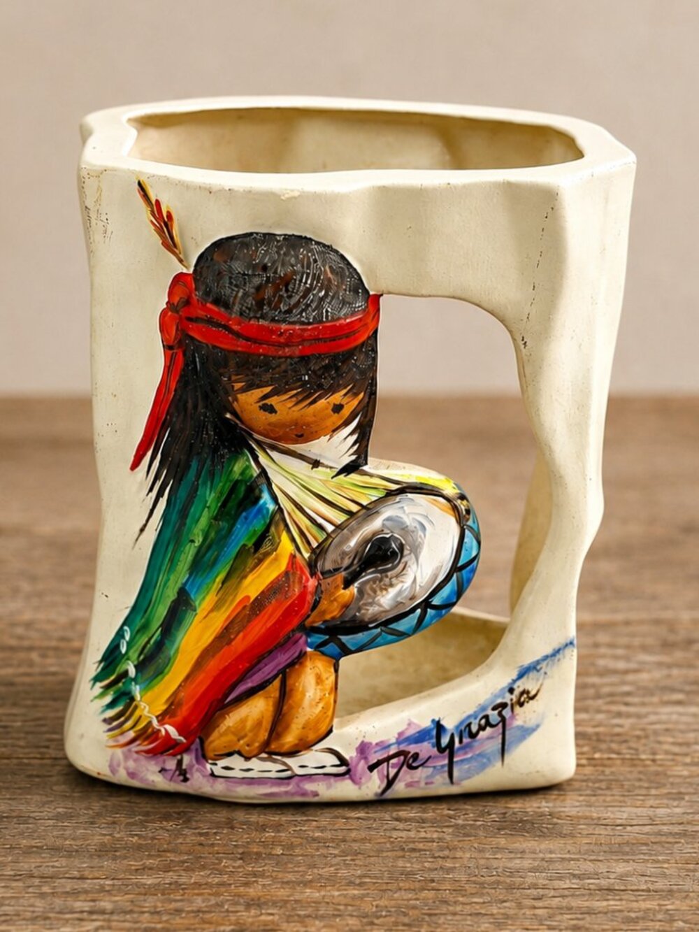 Vintage De Grazia Native American Drummer Ceramic Vase Planter Southwestern Art